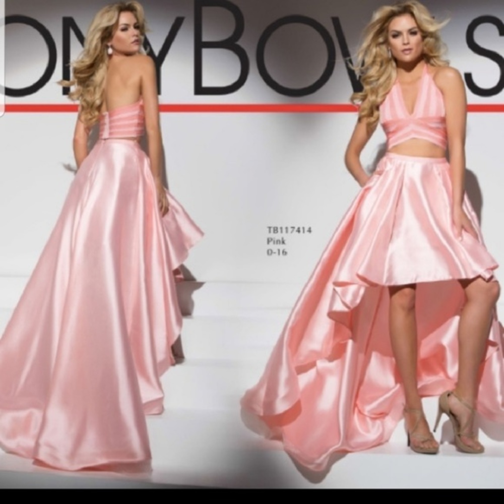 HOCO - Tony Bowls 2 piece pink peach hi-low prom dress